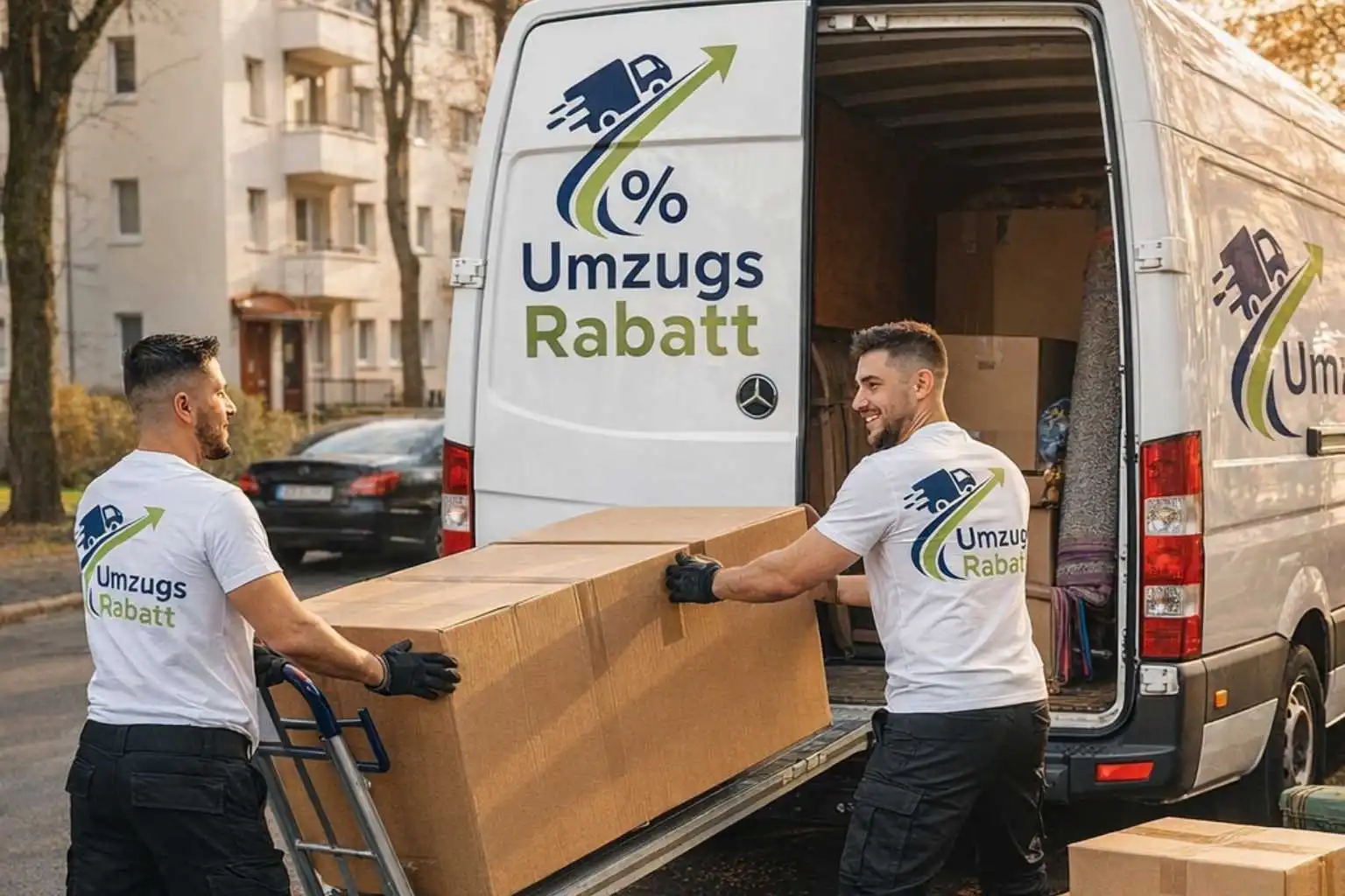 UmzugsRabatt-Helfer übergibt Karton am Transporter