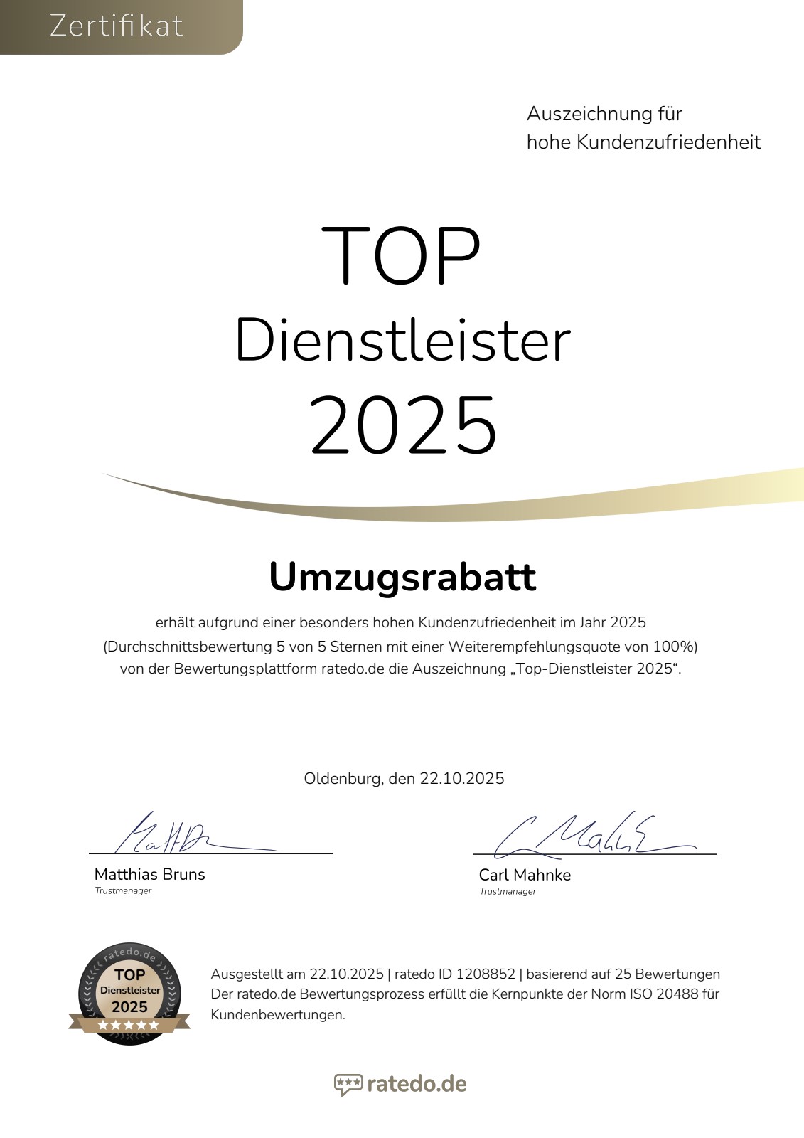 Zertifikat Top-Dienstleister 2025 von ratedo.de für Umzugsrabatt