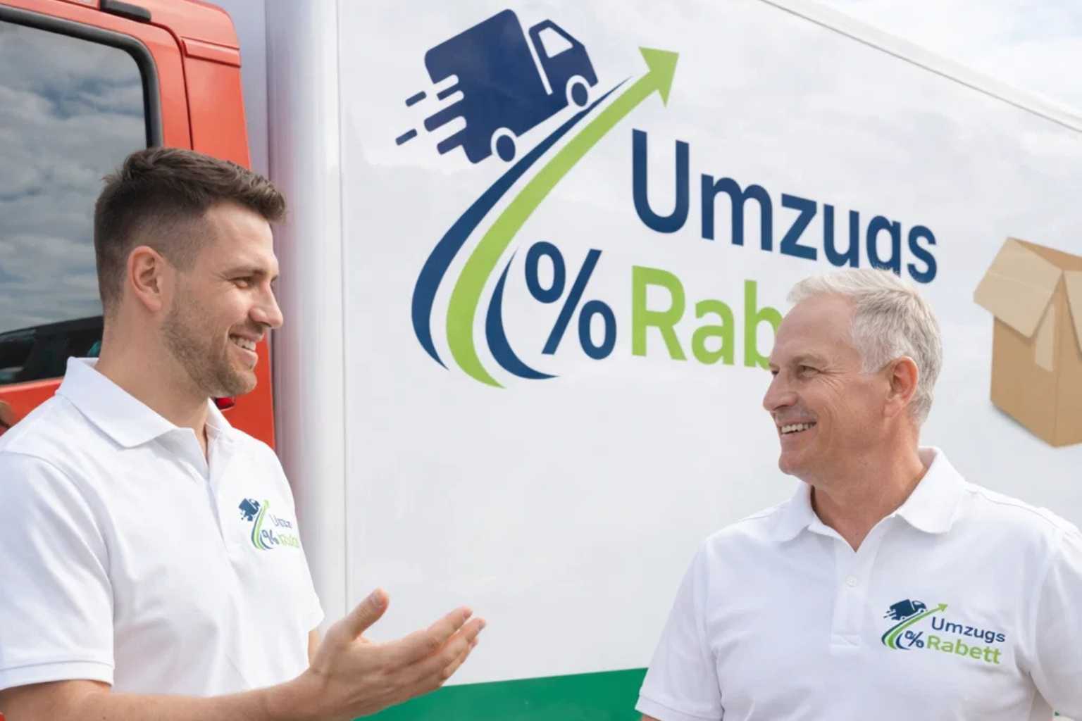Team eines geprüften Umzugsunternehmens vor einem Transporter