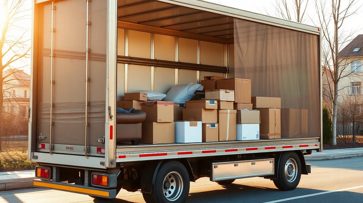 Beiladung beim Umzug – Halb beladener Umzugs-LKW mit Platz für weitere Möbel und Kartons