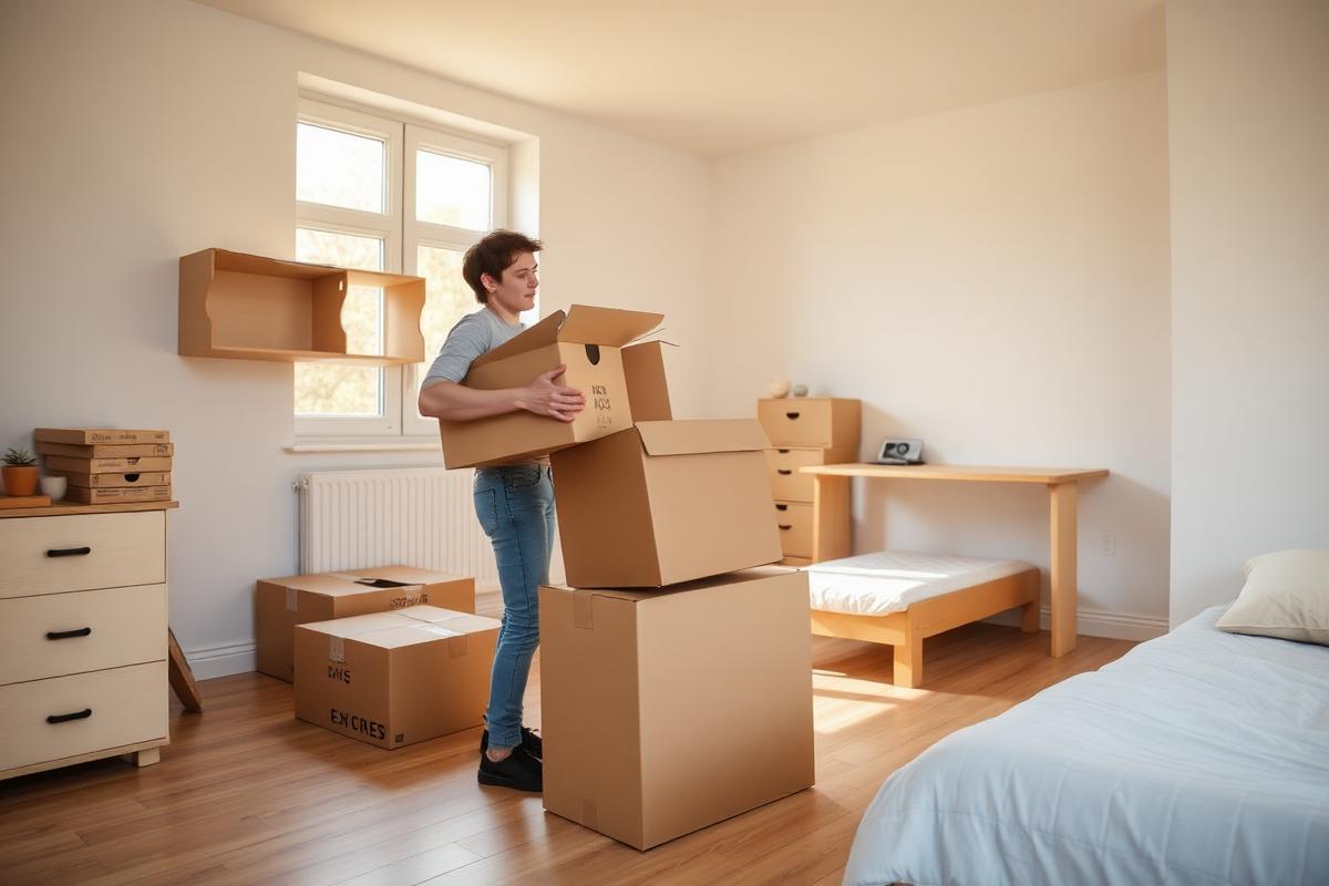 Erstausstattung Wohnung – Person packt Kartons in leerer erster Wohnung aus