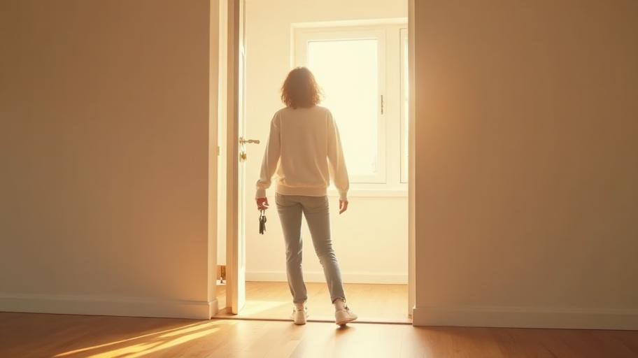 Erste eigene Wohnung – Junge Person mit Schlüssel in neuer Wohnung