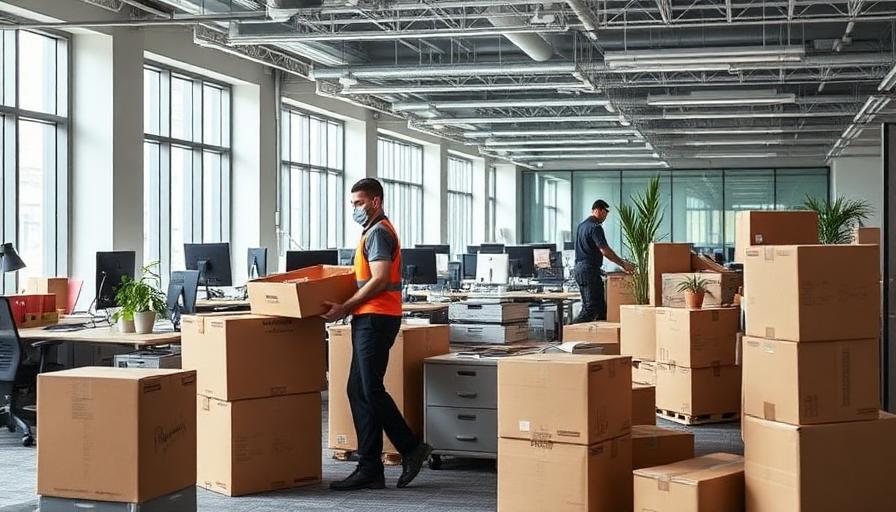 Firmenumzug planen – Umzugshelfer packen Büroausstattung in Kartons im modernen Großraumbüro