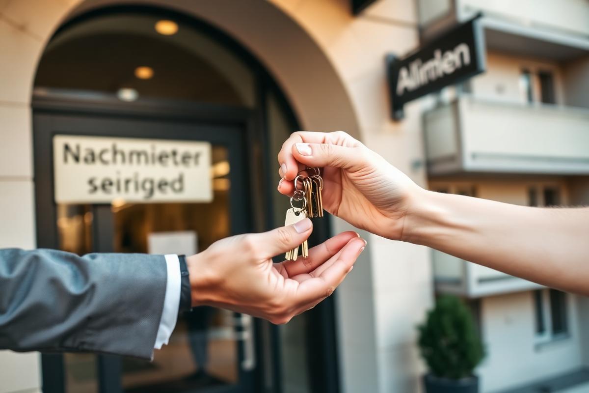 Nachmieter finden – Schlüsselübergabe vor Wohnungstür zwischen altem und neuem Mieter