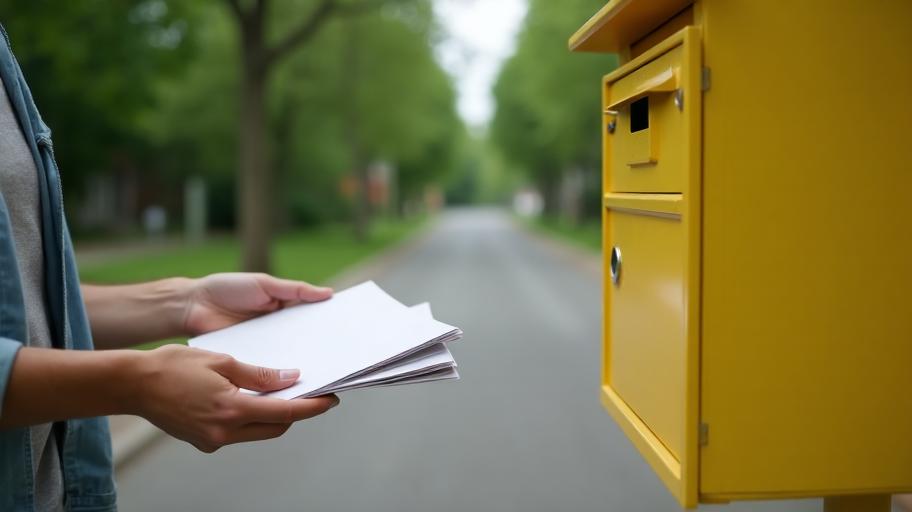 Nachsendeauftrag Post – Gelber Briefkasten und Briefe nach Umzug