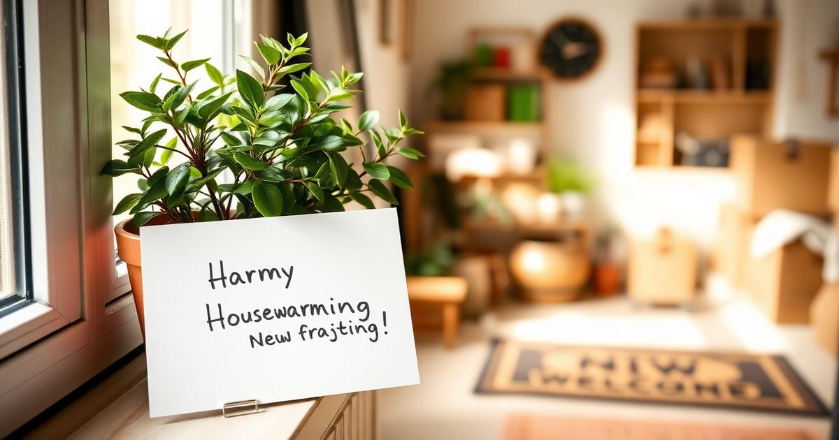Sprüche zum Einzug – Einzugskarte mit Glückwünschen neben Zimmerpflanze in neuer Wohnung