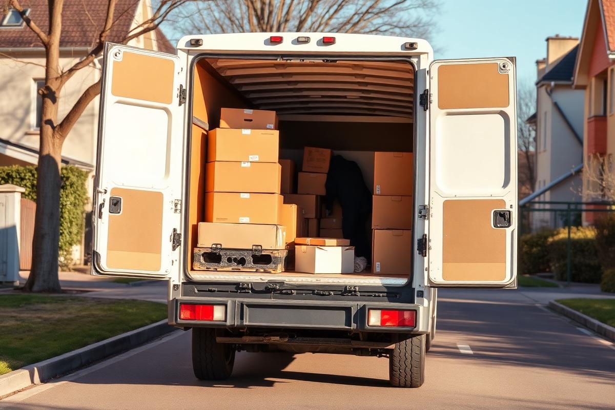 Transporter mieten für den Umzug – Weißer Sprinter beladen mit Umzugskartons und Möbeln
