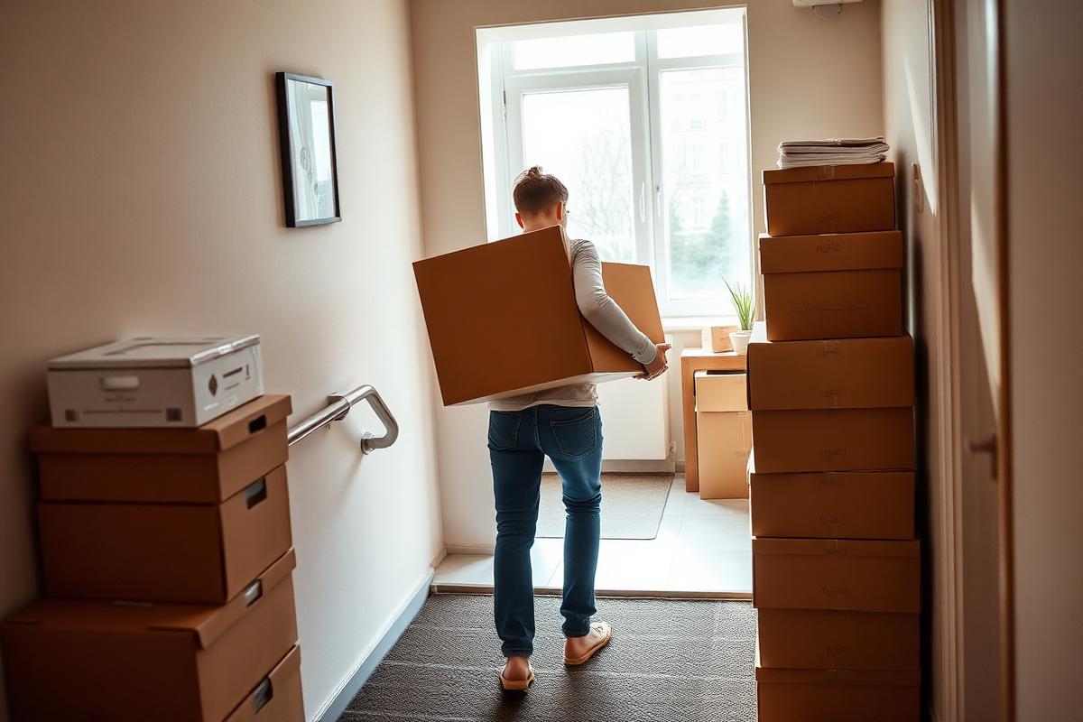 Umzug alleine – Single trägt Umzugskarton durch den Flur in neue Wohnung