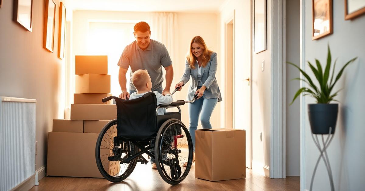 Umzug mit behindertem Kind – Familie hilft Kind im Rollstuhl beim Einzug in die neue Wohnung