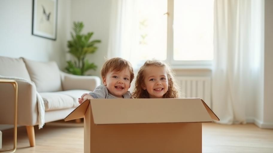 Umzug mit Kindern – Kinder spielen fröhlich in Umzugskarton
