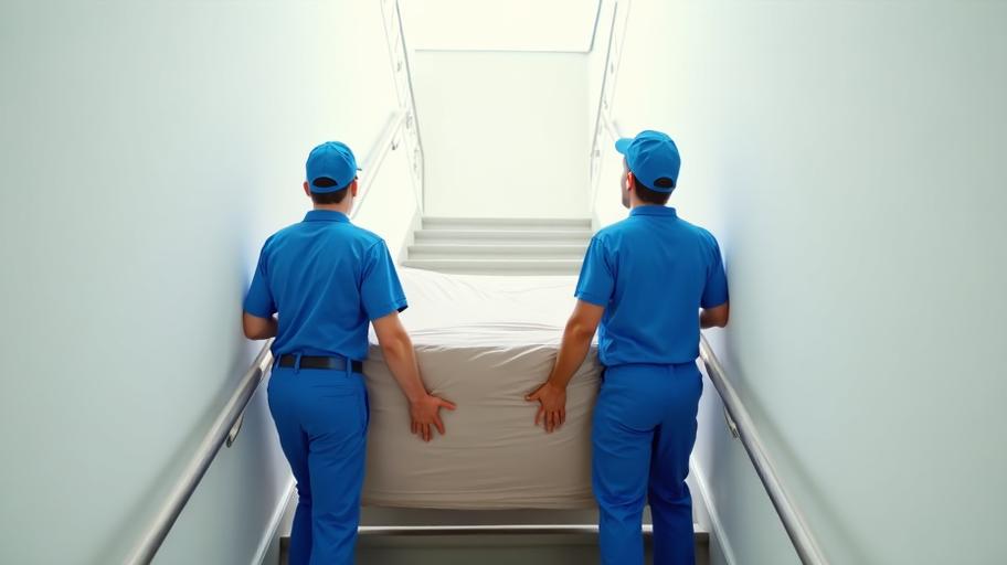 Umzug organisieren – Professionelle Umzugshelfer tragen Sofa durchs Treppenhaus