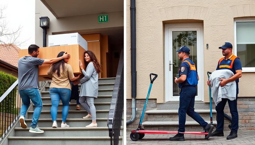 Umzugshelfer Vergleich – Private Helfer tragen Möbel die Treppe hoch neben professionellen Umzugshelfern mit Sackkarre