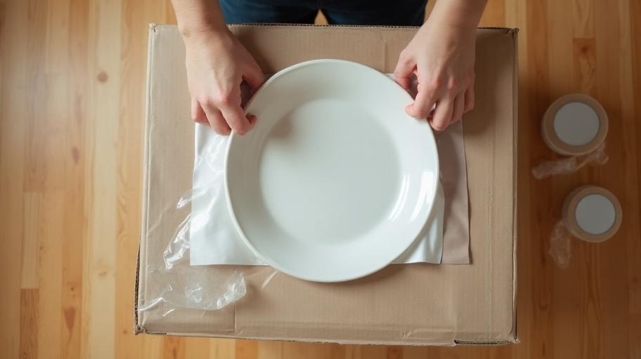 Umzugskartons packen – Geschirr wird sorgfältig in Packpapier eingewickelt