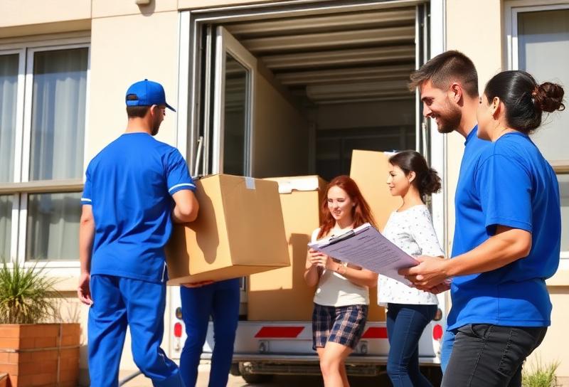 Umzugstag Ablauf – Professionelle Umzugshelfer in blauen Uniformen beladen LKW während Familie mit Checkliste zuschaut