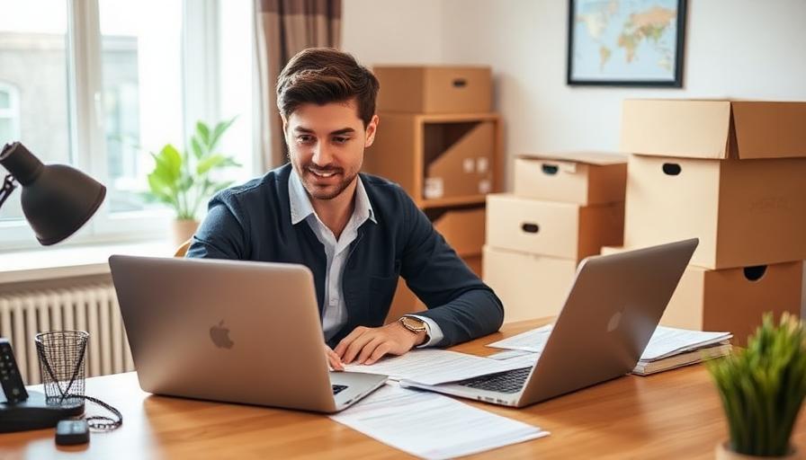 Verträge ummelden beim Umzug – Mann organisiert Vertragsunterlagen am Laptop zwischen Umzugskartons