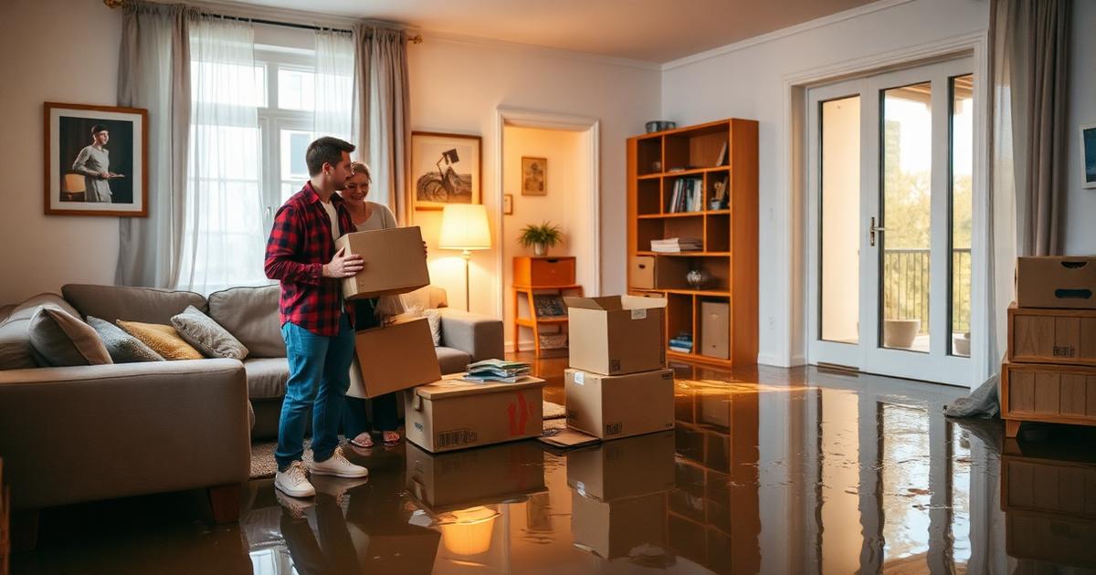 Wasserschaden Wohnung – Paar packt Umzugskartons in überfluteter Wohnung nach Rohrbruch