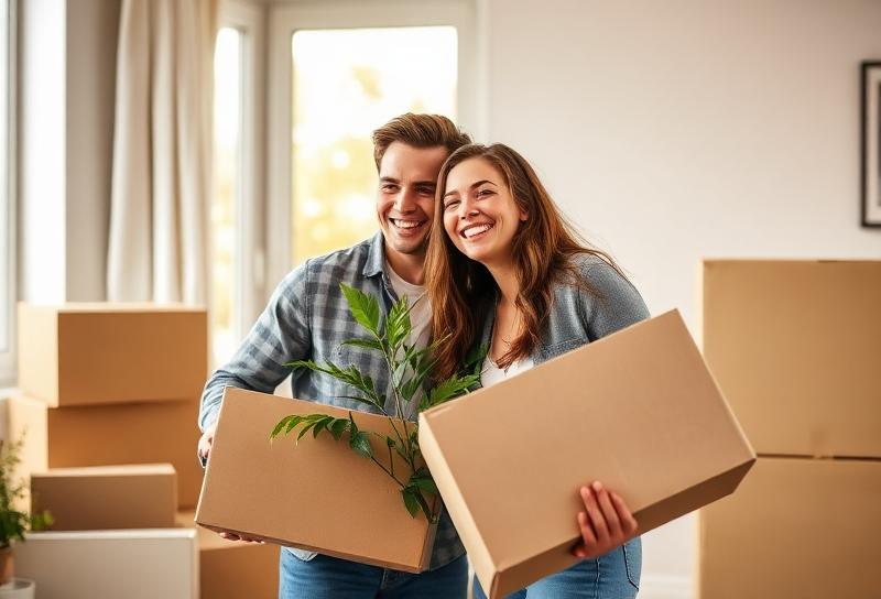 Zusammenziehen als Paar – Junges Paar packt lächelnd Umzugskartons in erster gemeinsamer Wohnung aus